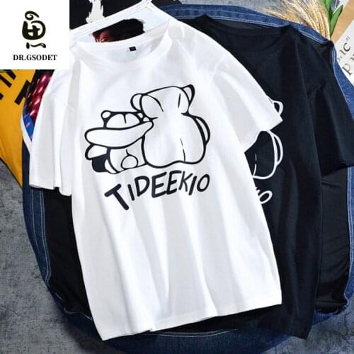 GSODET Summer T-Shirt Cotton Couple Cartoon Print Simple Short-Sleeved Loose Sweat-Absorbent O-Neck All-Match Student Tops