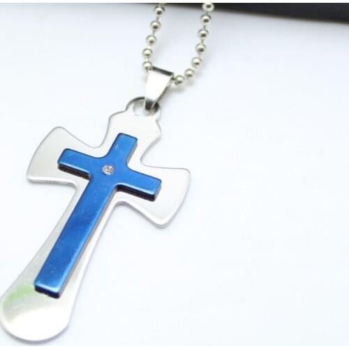 Mens Cool Blue Stainless Steel Cross Pendant Free Chain Necklace Accessories