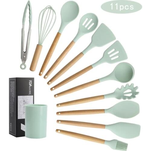 Silicone Kitchenware Set with Wooden Handle Turner Soup Spoon Spatula Brush Scraper Pasta Egg Beater Kitchen Cooking Tools