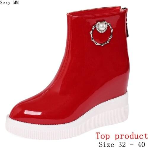 Platform Shoes Women Wedges Ankle Boots Height Increasing Short Boots High Heel Shoes Genuine Leather Small Plus Size 32 33 - 40