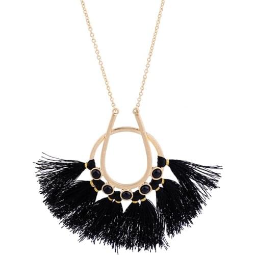 Bulk Price 2017 Black Cotton Fan-shaped Tassel Necklace Gold Color Long Chain Necklace Women Fashion Jewelry