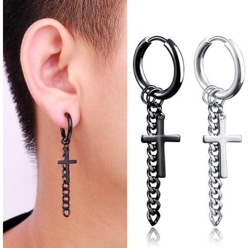 SOHOT Unisex Titanium Stainless Steel Hoop Drop Earrings Cross HipHop Wholesale Punk Tassel Chain Man Bar Chic New Birthday Gift