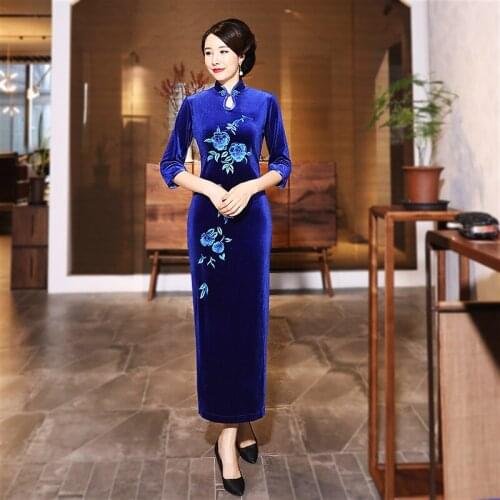 Sheng Coco New Blue Velvet Cheongsam Long Dress Flower Embroidered Qipao Ladies Clothes Slim Chinese Autumn Wear Red Purple