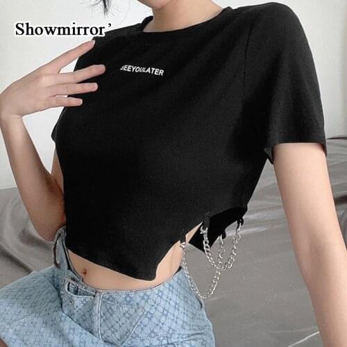 Showmirror Goth Punk Chain T-shirt Women Harajuku Black Cotton Tee Shirt 2021 Crop Top t shirt y2k Female clothing Summer