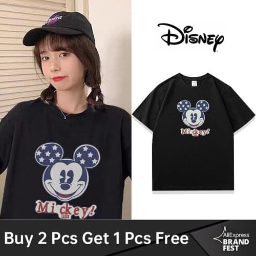 Disney Stylish Cute Mickey Mouse Balloon Cartoon Print T-Shirt O-Neck Pullover Short Sleeve Casual Fashion Women Black Tee Tops