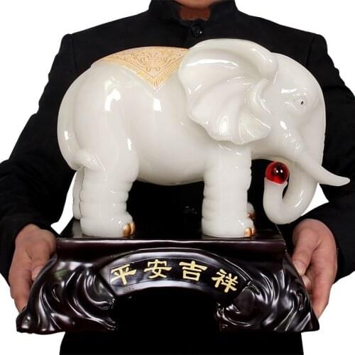GOOD -34CM large office home Protection FENG SHUI ART Talisman Inviting money Auspicious jade Elephant Sculpture statue
