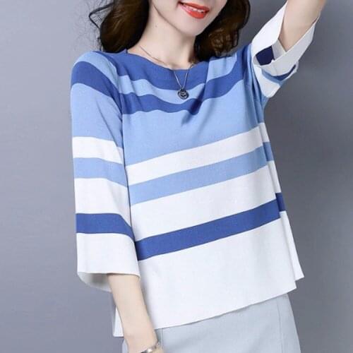 Vintage O neck Three Quarter Sleeve T-shirt 2020 New Woman Slim Loose t shirt Striped tee Summer Retro Knitted Tops 2 colors