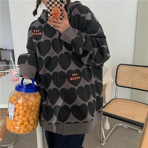 Autumn Vintage Hoodies Women Sweatshirt With Zipper Fashion Oversized Harajuku Letter Heart Print Long Sleeve Streetwear Tops