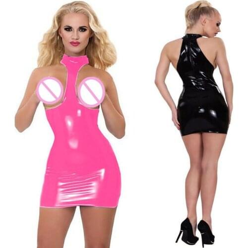 Sexy Open Chest Mini Dress Sleeveless Faux Leather Nightclub Pencil Dress Pole Dance Attractive Hollow Out Chest Erotic Dresses