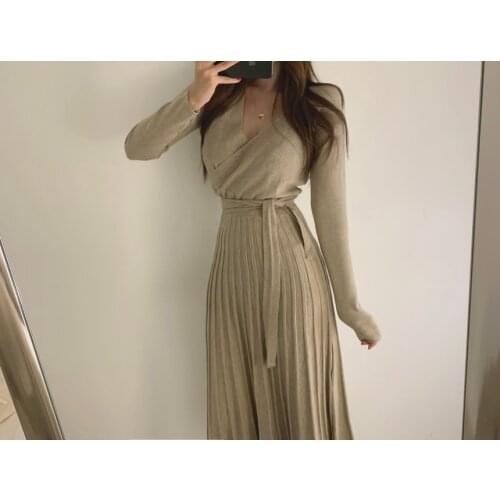 Obrix Sweet Female Casual Dress Spring Preppy Style V-Neck Nid Waist Bow Full Sleeve Mid Calf A-Line Dress For Women