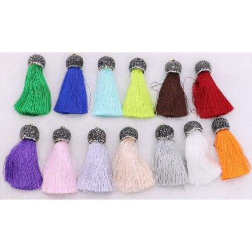 6Pcs Large Size Crystal Paved Pajama Caps Silk Tassels Pearl Pendant, Multicolor Tassel Jewelry