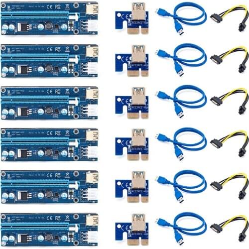 6Pcs VER009S USB 3.0 PCI-E Riser Express 1X 4X 8X 16X Extender Riser Adapter Card SATA 15Pin To 6 Pin Power Cable