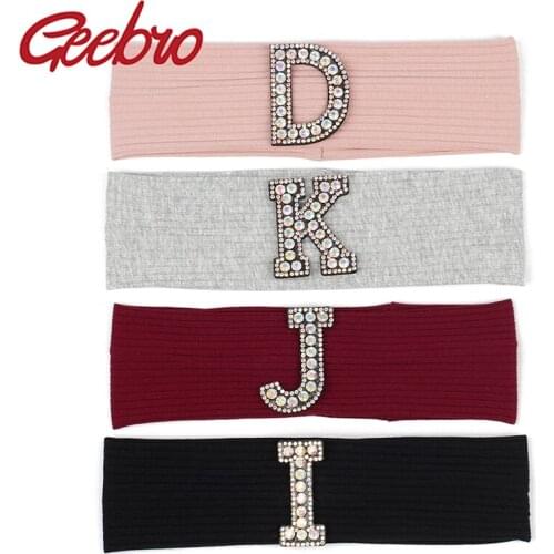 Geebro Woman AB Crystal Rhinestone Letter Cotton Ribbed Headband Headwear Ladies Stretch Hairband Wide Turban Hair Accessories