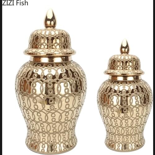 Plating Golden Stripes Ceramic Storage Jar Flower Arrangement Vase Gold-plated Sealed Storage Jar Countertop Living Room Decor