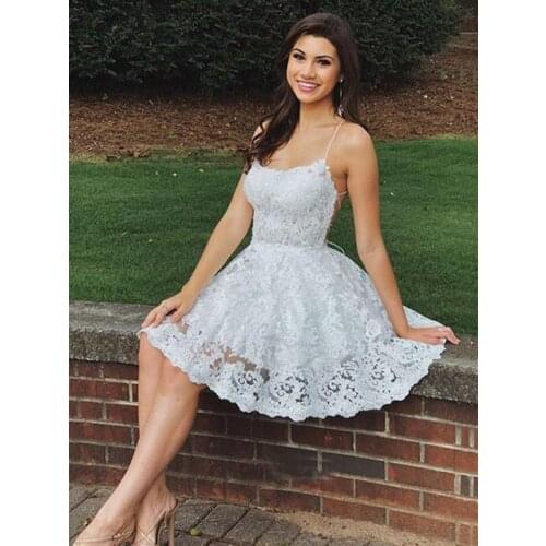 Short Party Dress A-Line/Princess Spaghetti Straps Short/Mini Backless White Homecoming Dress With Applique