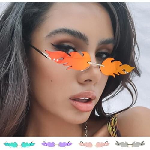 Fashion Fire Flame Sunglasses Women Rimless mirror Metal Vintage Eyewear UV400 Mirror ocean lens Men Frameless wave Sunglasses