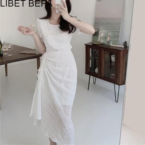 2021 New Women Summer Dress Fashionable Elegant High Waist Ruffle Drawstring Ruched Vintage Korean Style Lady Long Dress DR3383