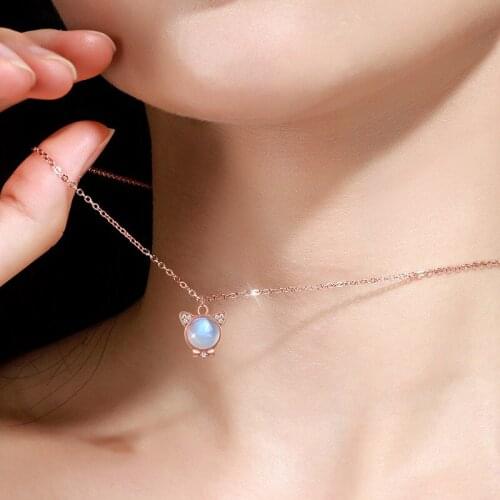 925 Sterling Silver Moonsrone Cute Cat Charm Pendent Necklace For Women Girls Kids Party Jewelry Choker Collar dz130