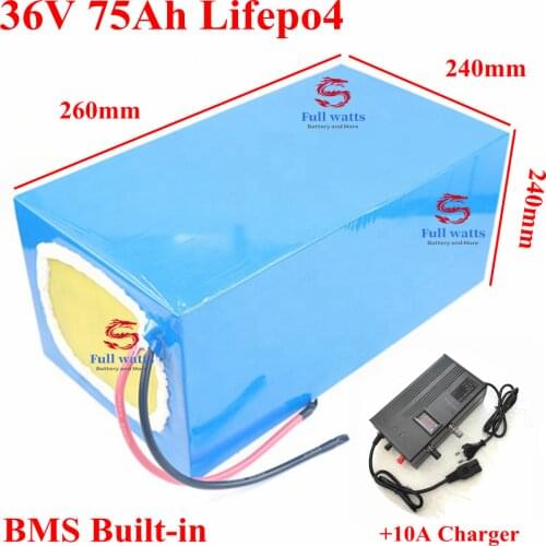 Rechargeable LiFePO4 36v 75ah lithium battery pack with BMS 12S for 3000W electric power tools energy storage system+10A Charger