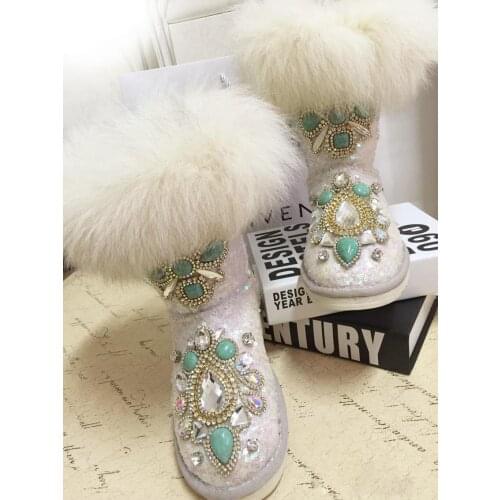 Handmade Blling Bling Sequins Malachite Diamond Decor Snow Boots White Fox Fur Woman Warm Plush Inside Rhinestone Winter Boots
