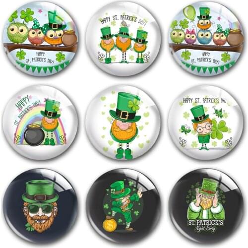 Handmade St. Patricks Day Irish Clover Green Round Photo Glass Cabochons Demo Flat Back DIY Jewelry Making Findings Accessory
