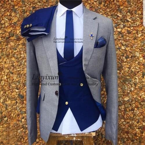 3 Piece Gray Wedding Tuxedo for Men Formal Suits Set Jacket Double Breasted Waistcoat with Royal Blue Pants Male Fashion Costume