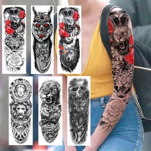 Ferocious Lion King Tiger Temporary Tattoos For Women Men Full Arm Legs Skull Eye Rose Wolf Tattoo Fake 3D Sleeve Tatoos Sticker