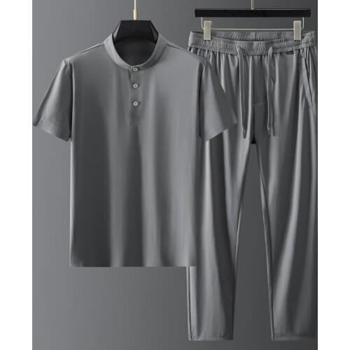 2021 Thin Mens Sets (t-shirt+pants) Luxury Spring Summer Short Sleeve Sport Casual Man Sets Stand Collar Slim Fit Male Sets