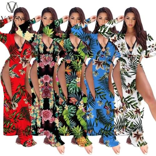 VAZN 2021 Summer Swimming Beach Holiday V-neck A-line Night Party Shinny Slim Maxi Dress Full Sleeve Energetic Suitable Dress