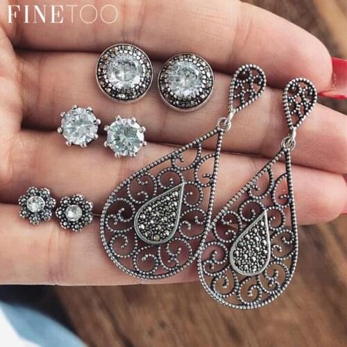 Vintage Tibetan Filigree Hollow Water Drop Women Earrings Geometric Flower Crystal Stud Earrings Set Pendientes Brincos