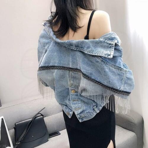 Tassel Long Sleeve Denim Jacket Womens 2021 Spring And Autumn New Loose Split Bat Sleeve Jacket