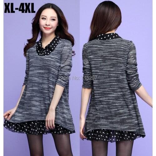 2015new spring large size loose knitted shirt female long sleeve Casual t-shirt polka dot chiffon faux two ladies topsXXXXL3692