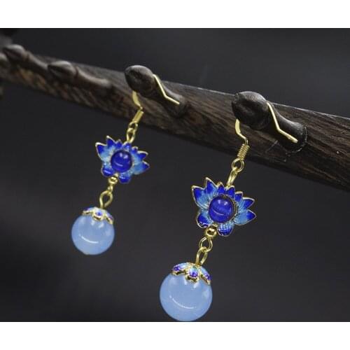Cloisonne Lotus Flower Handmade Vintage Long Hanging Earrings For Women Statement Blue Chalcedony Drop Earrings Jewelry