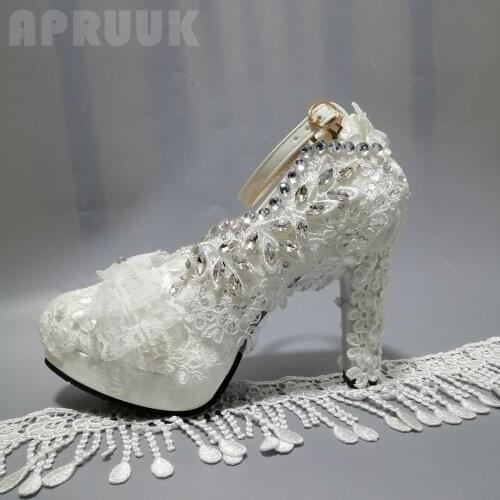 Women pumps shoe White lace luxury crystal silver rhionestones ladies bridal wedding shoes 11CM super high heels banquet shoe