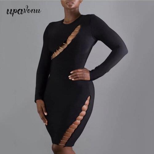 Free Shipping 2021 New Women Black Bandage Dress O-Neck Long Sleeve Bodycon Sexy Hollow Dress Celebrity Club Party Mini Vestidos