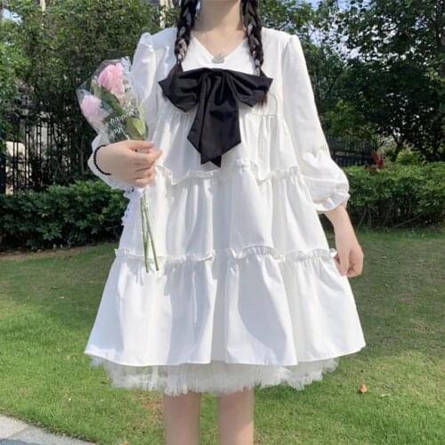 Harajuku Lolita Long-Sleeve Soft Sweet Womens Dress Japanese Style V-Neck Bowknot Loose Waist Dresses Kawaii Student Vestidos