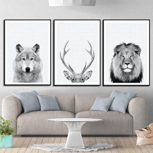 Canvas Painting Animal Wall Art Wolf Lion Deer Portrait Posters and Prints Black White Wall Pictures for Living Room Home Decor