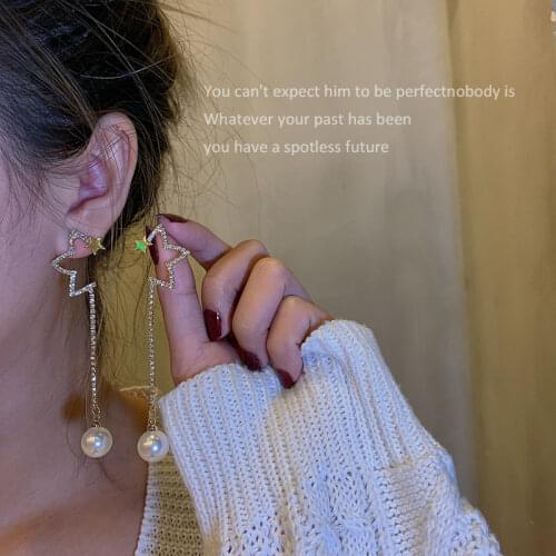 Simple Personality Open Five-pointed Star Catch Chain Tassel Pearl Earrings Temperament Cold Wind Long Earrings Earrings