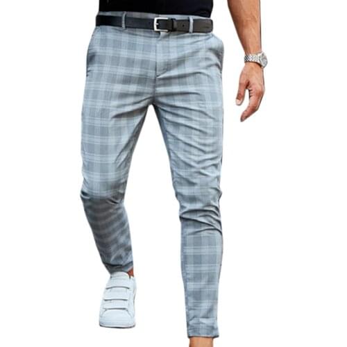 2020 Pants for Men Slim Fit Stretch Trousers Male Printed Trousers Casual Work Office Wear Mens Clothing Plaid Pants