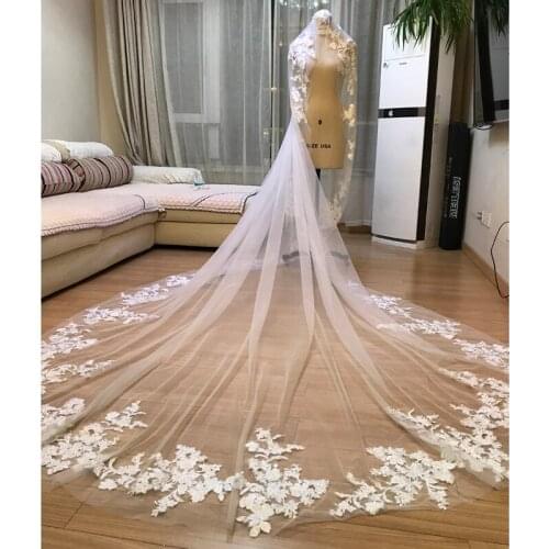 2021 New 3x3.5 Meters One Layer Vintage Luxurious Lace Tulle Long Wedding Veil New Ivory Bridal Veil Without Comb Velos De Novia