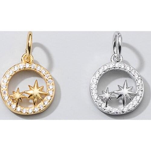 925 Sterling Silver Fashion Full Zirzon Inlaid Round Circle Star Charms 9mm Fancy Ornament Silver Pendant DIY Jewelry Making