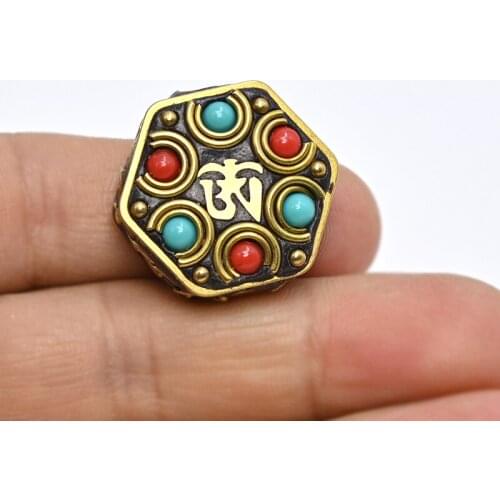 TZB01 Antique Nepal Handmade hexagon Brass With Synthetic Coral And Turkey stone Bracelet DIY Bead For Necklace Making