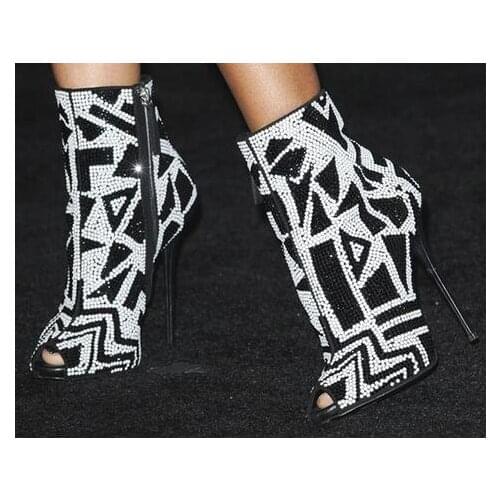 Big Size 10 Fashion White Black Crystal Peep Toe Ankle Boots Cone Heel Side Zipper Runway Gladiator Sandals Boots For Woman