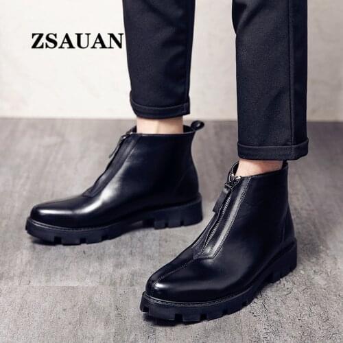 Simple Men Boots Leather Business Zipper Chelsea Men Boots British ZSAUAN High Top Platform Formal Shoes