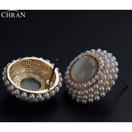 CHRAN Charm Ladies Gold Color Round Opal Stud Earrings for Women Fashion Simulated Pearl Circle Design Earrings Jewelry