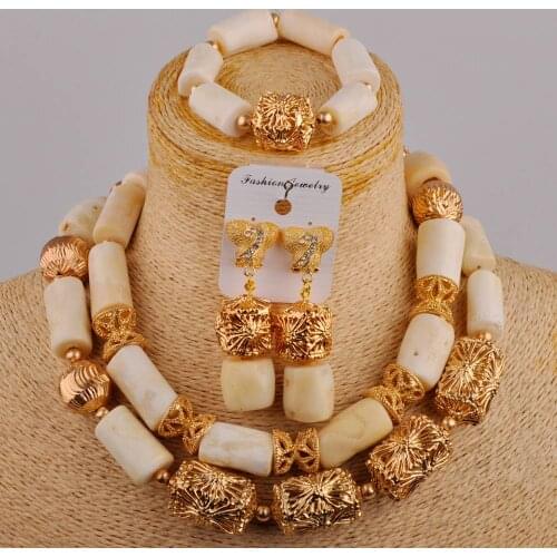 Dubai Gold White Coral African Beads Jewelry Set Women Costume Necklace Nigerian Bridal Jewelry Sets