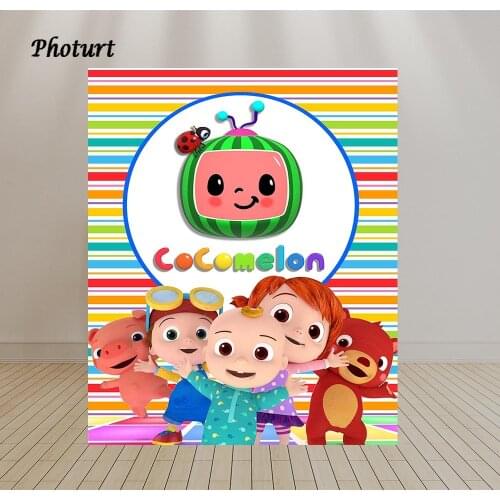 PHOTURT Cocomelon Backdrop Kids Birthday Baby Shower Background Banner Rainbow Color Stripes Polyester Vinyl Decorate Props