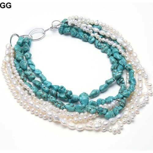 GG Jewelry 6 Strands freshwater White Pearl Blue Turquoises Necklace Multi Strands Necklace Handmade For Women