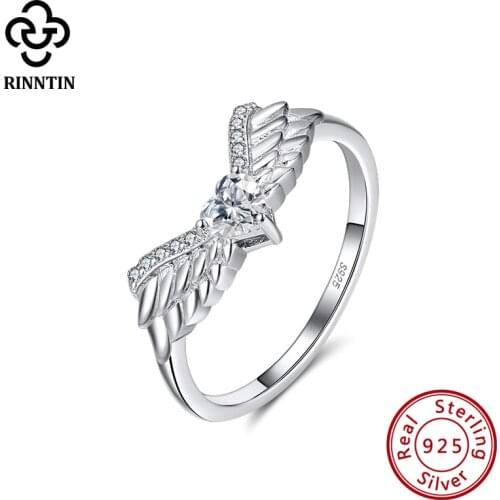 Rinntin Real 925 Sterling Silver Ring Shiny Wing Shape AAAA Zircon Varied Sizes For Female Dating Aniversary Engagement TSR226