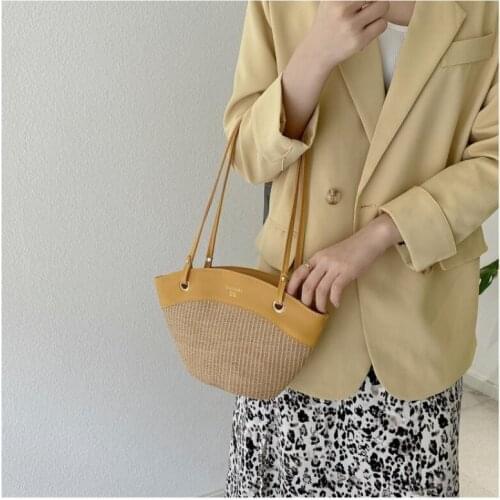 Summer Straw Splice Pu Leather Shoulder Shell Bags for Women Casual Handmade Large Capacity Handbags Ladies Woven Beach Totes